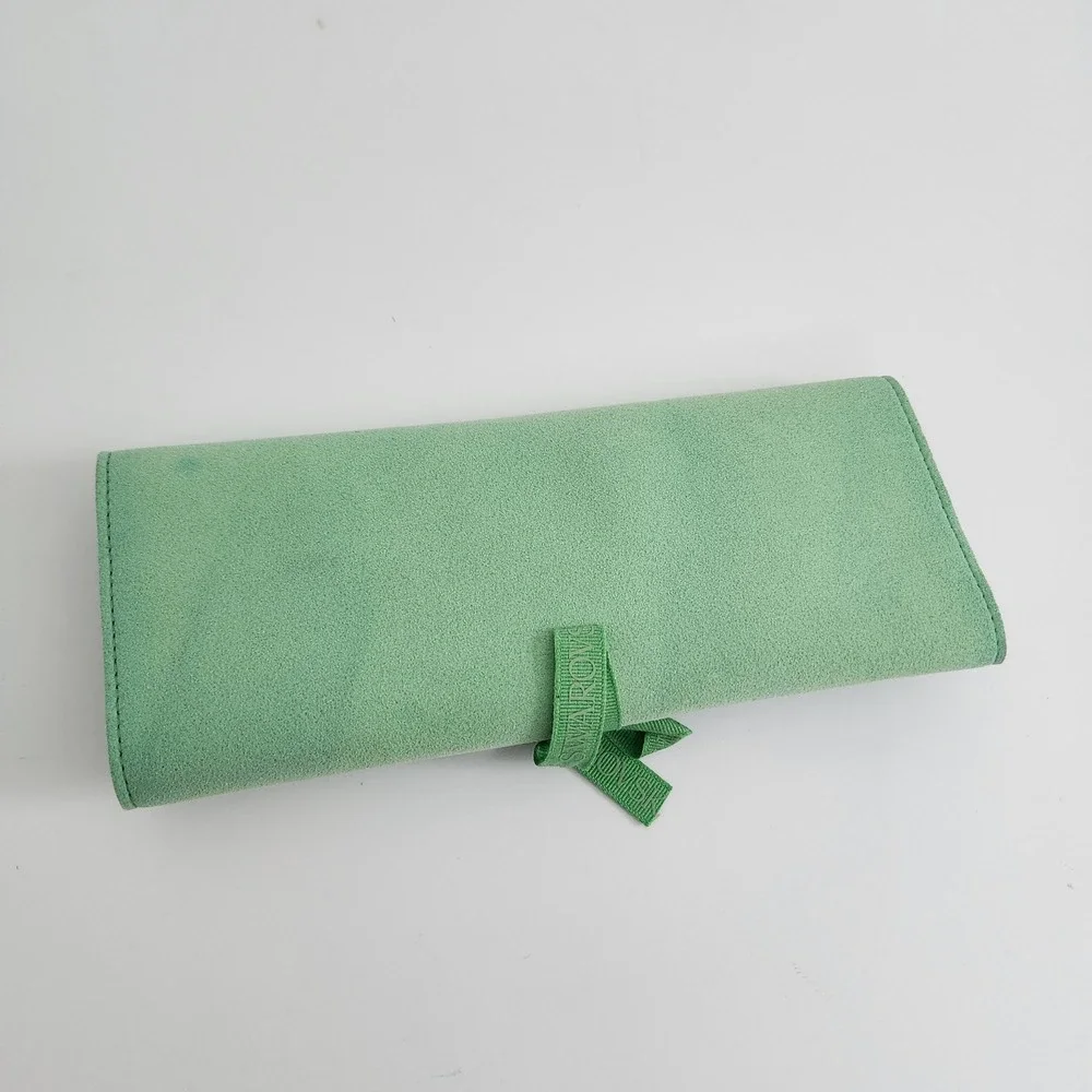 Swarovski Mint Green Faux Suede Travel‎ Jewelry Roll Organizer Ribbon Tie NEW